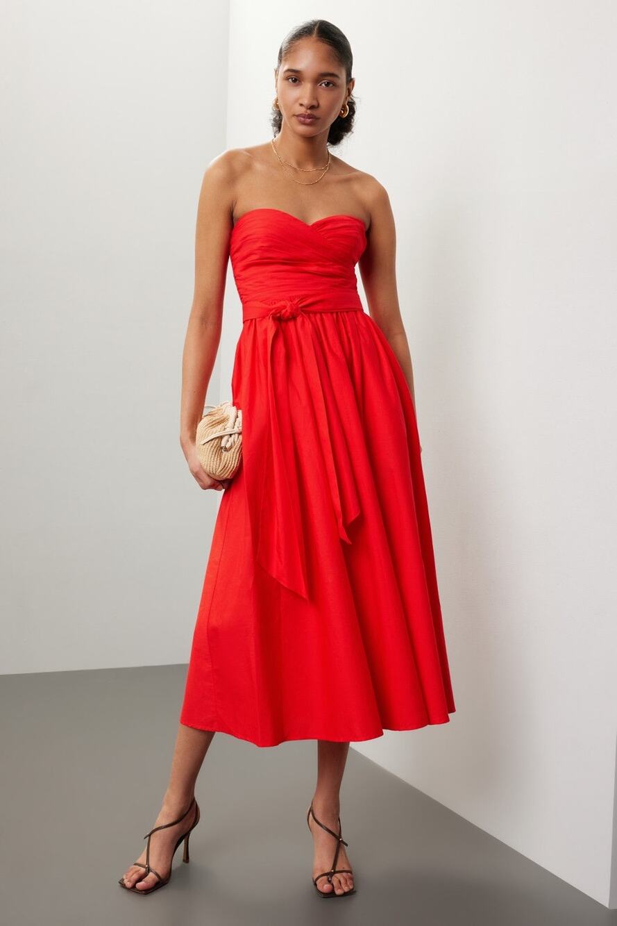 TOCCIN x RTR Red Sweetheart Neckline Strapless Flowy Skirt Midi Dress Size 14